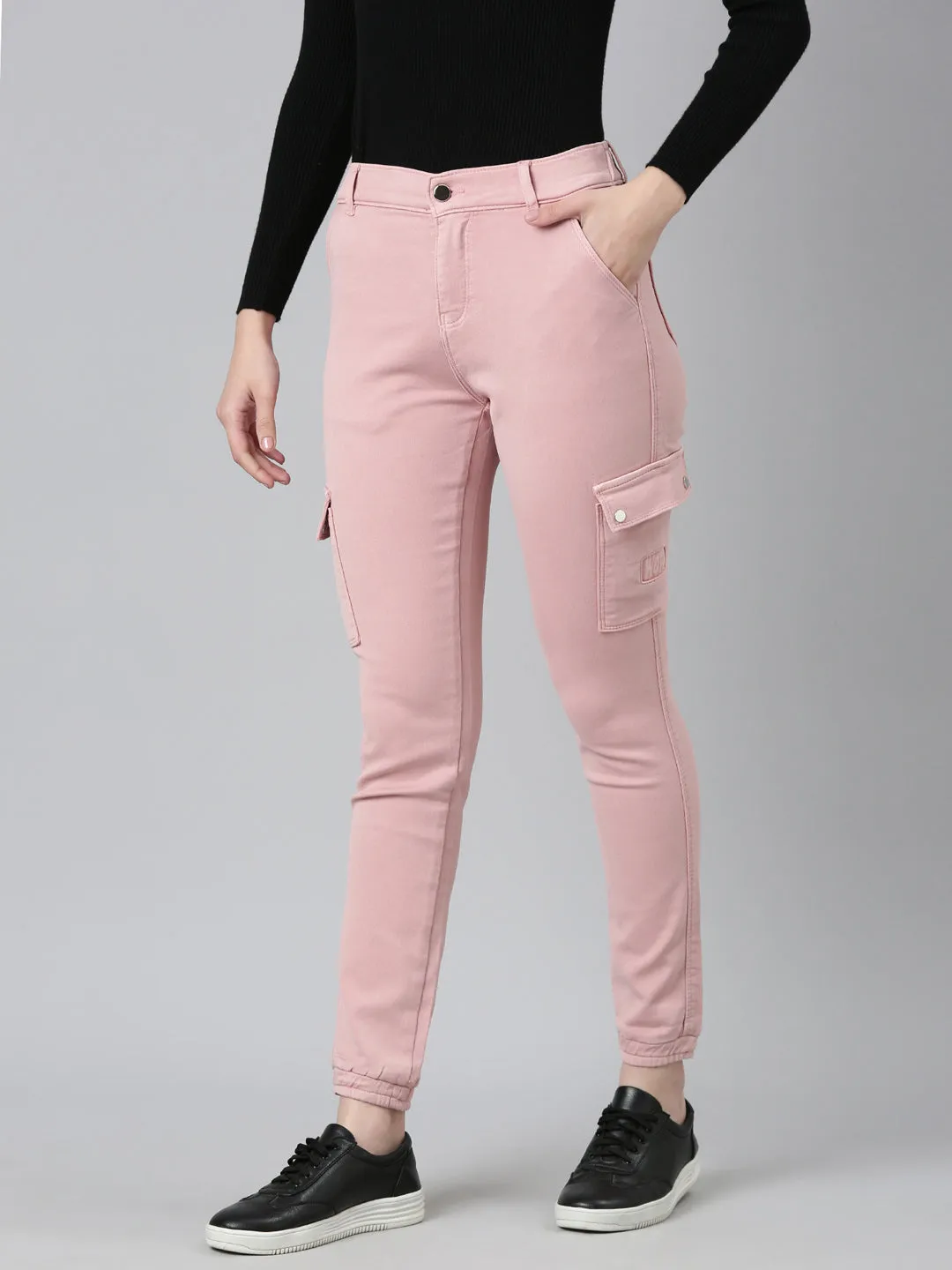 Women Pink Solid Jogger Denim Jeans