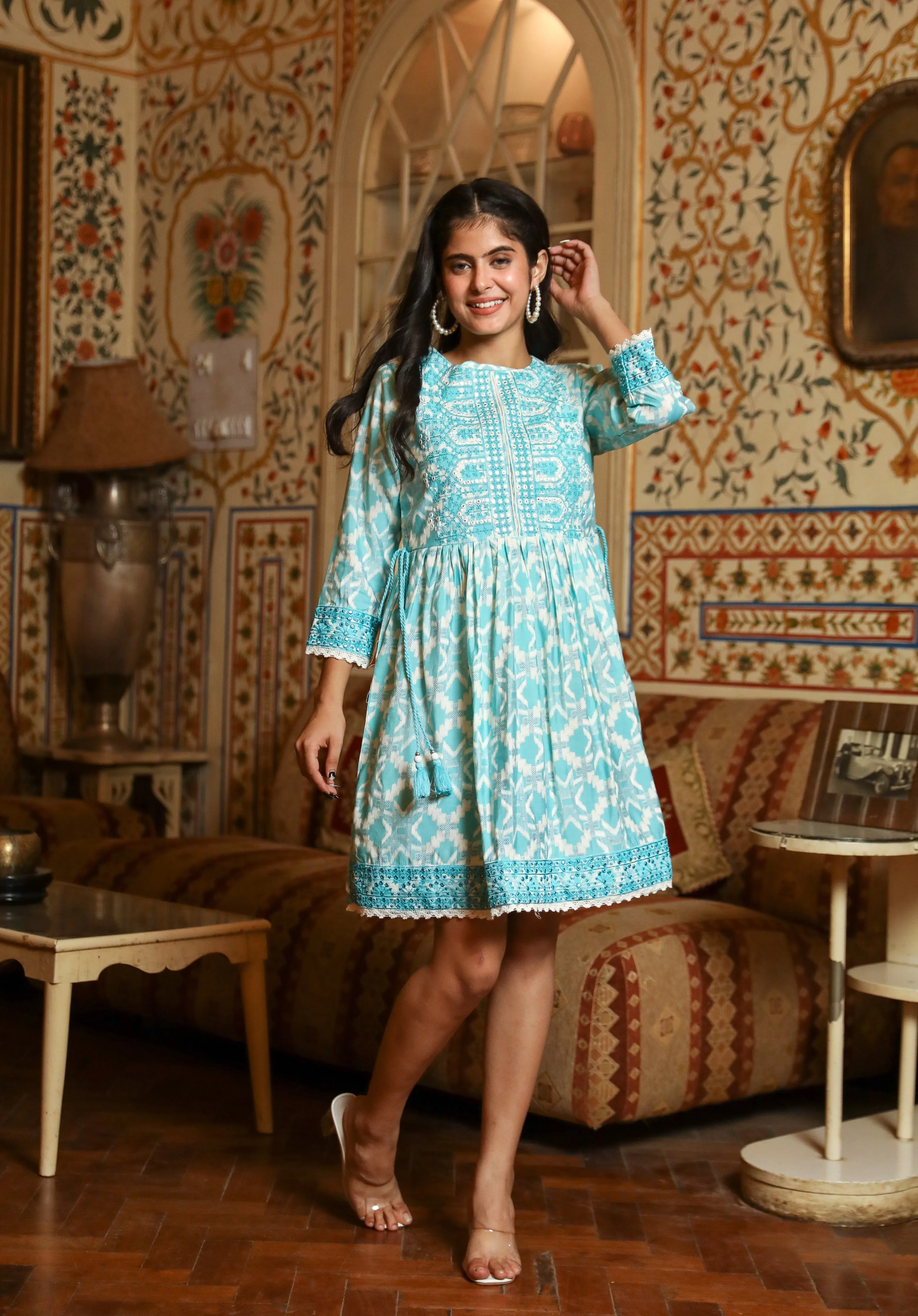 Women Turquoise Muslin Middy Tunic