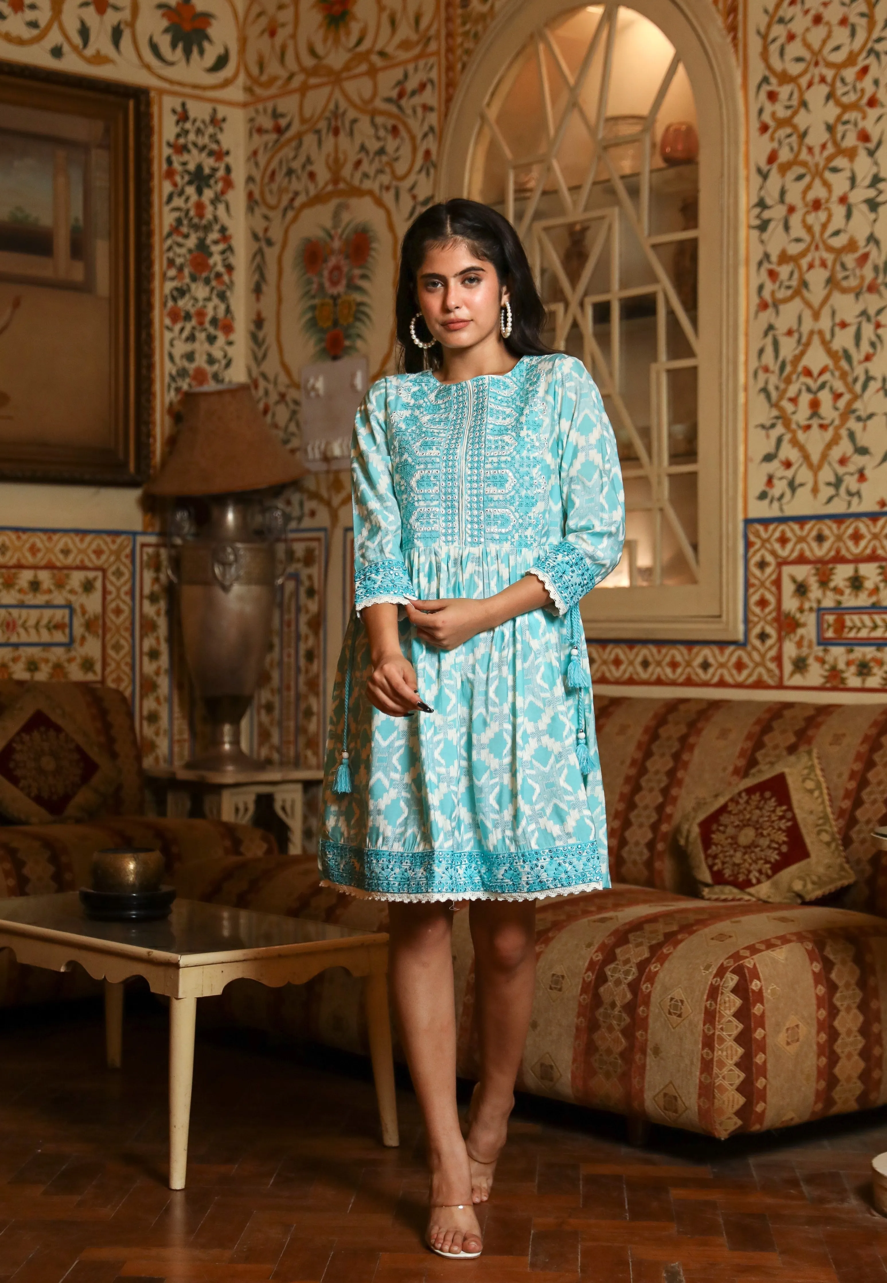 Women Turquoise Muslin Middy Tunic