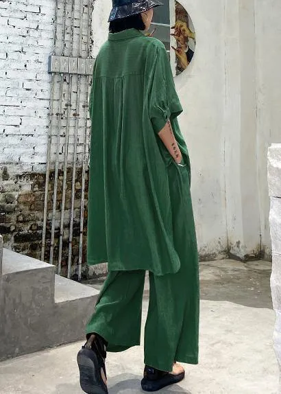 Women's retro plus size was thin and windy and wide-leg pants green two-piece suit