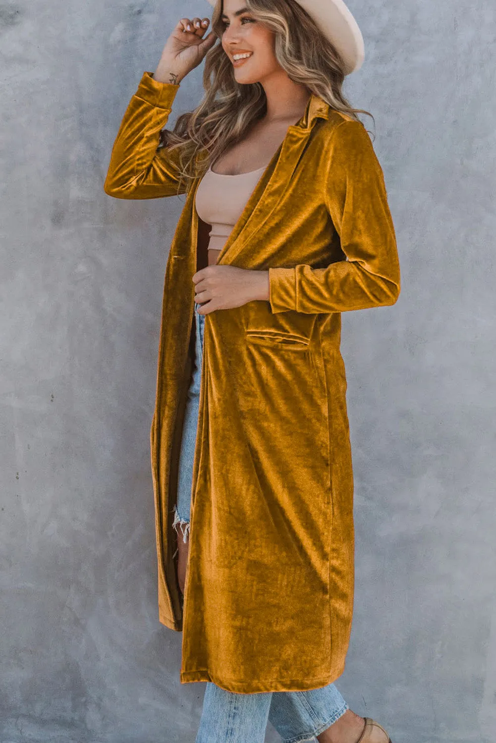 Yellow Retro Velvet Long Sleeve Pocket Coat