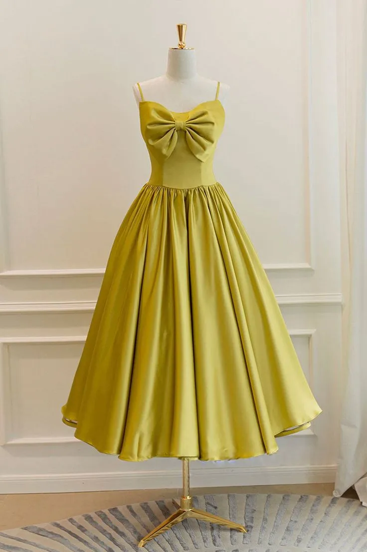 Yellow Satin Short Prom Dresses, Cute A-Line Bow Homecoming Dresses      fg5223